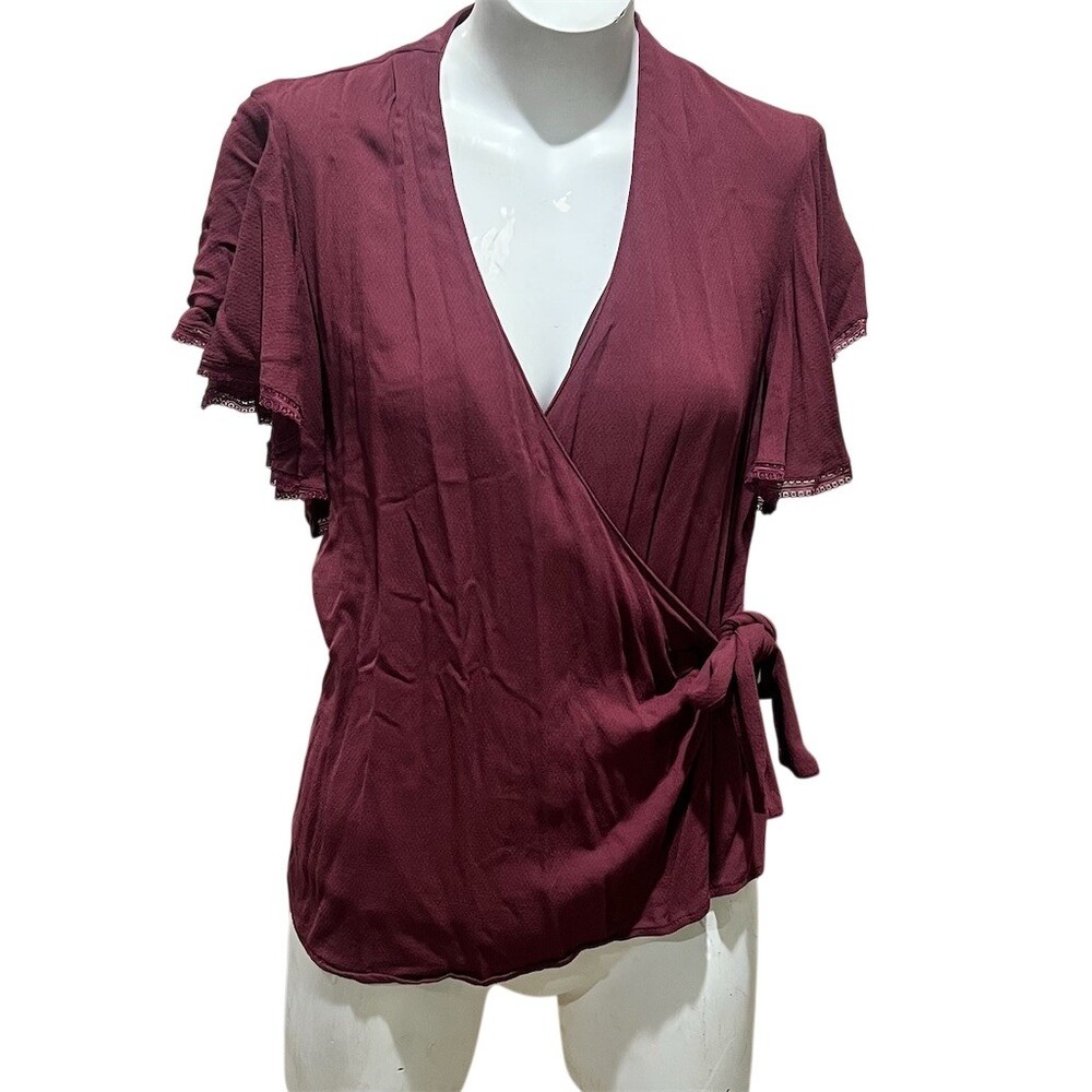 Chelsea28 Blouse Womens Medium Burgundy Wrap Front Side Tie V-Neck